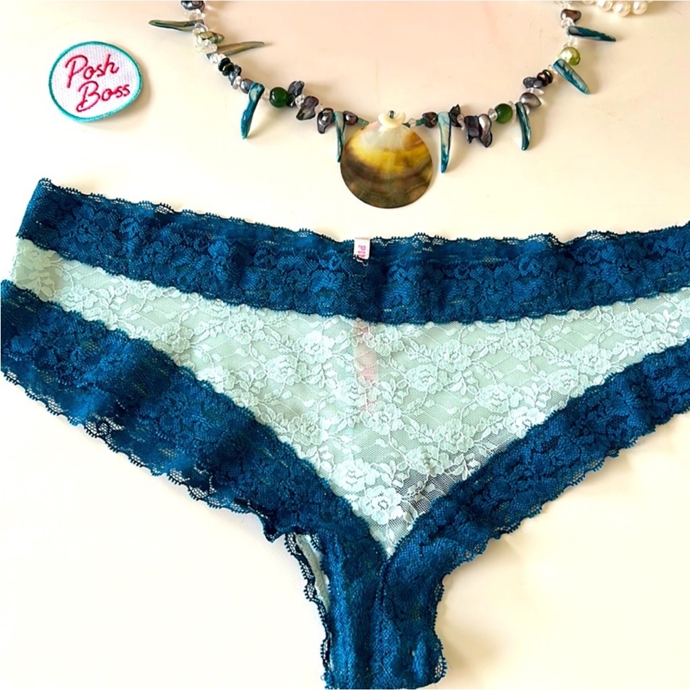 PINK Victoria's Secret Teal and White Lace Panties